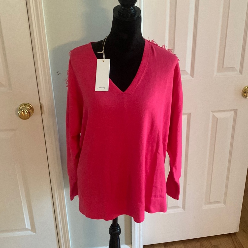 NWT J. Society Hot Pink Fringe V Neck Sweater- Size L